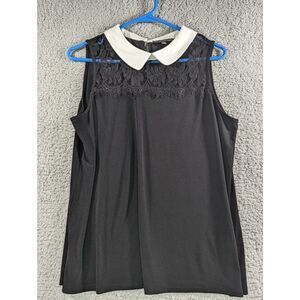 Adrianna Papell Womens Sleeveless Blouse Size Medium Black Lace White Collar